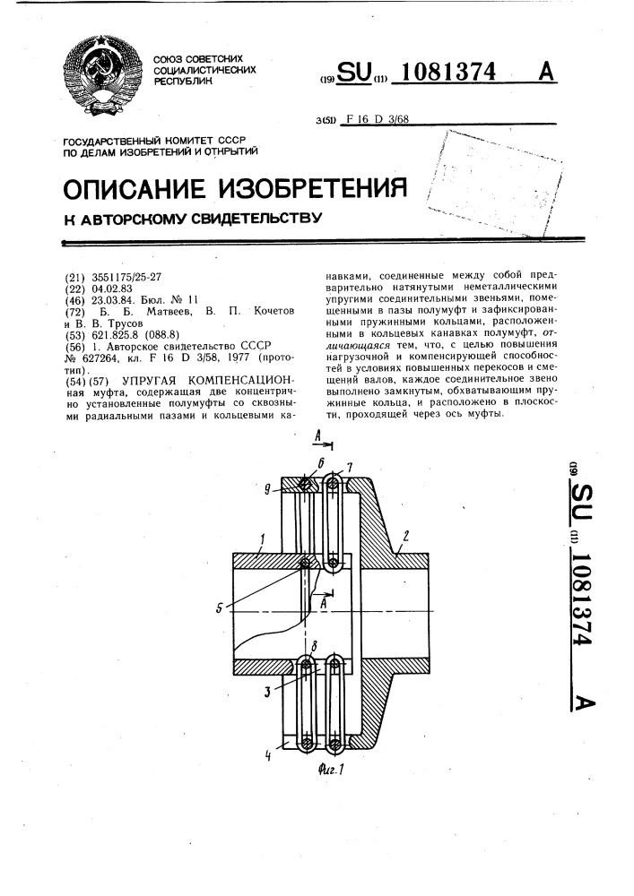 Упругая компенсационная муфта (патент 1081374)