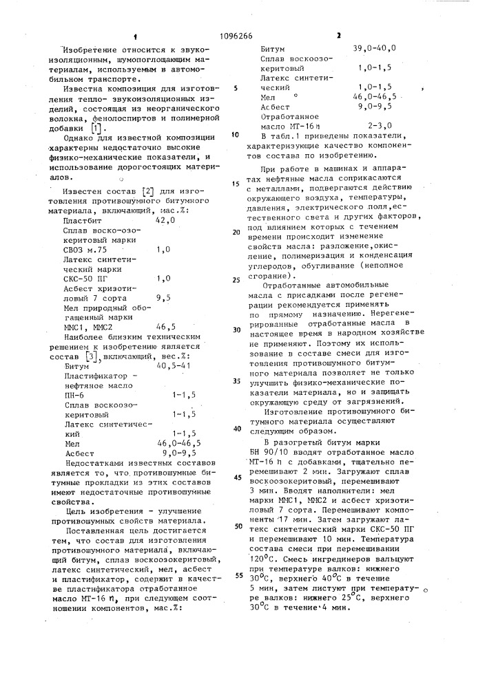 Состав для изготовления противошумного материала (патент 1096266)