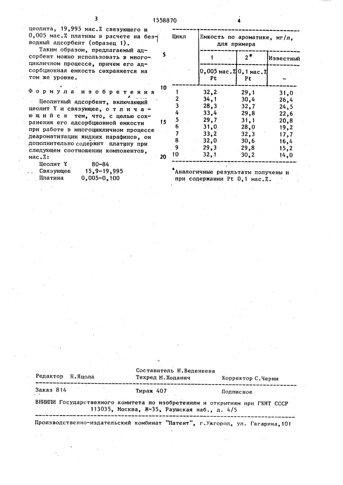 Цеолитный адсорбент (патент 1558870)