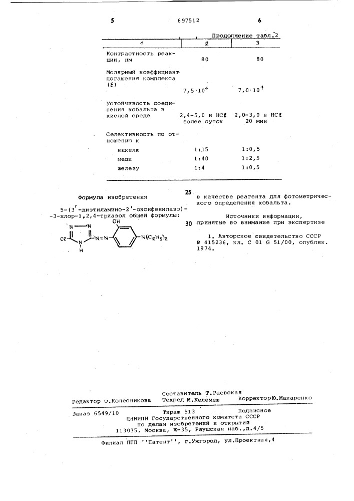 5-(3-диэтиламино-2-оксифенилазо) -3-хлор-1,2,4-триазол в качестве реагента для фотометрического определения кобальта (патент 697512)