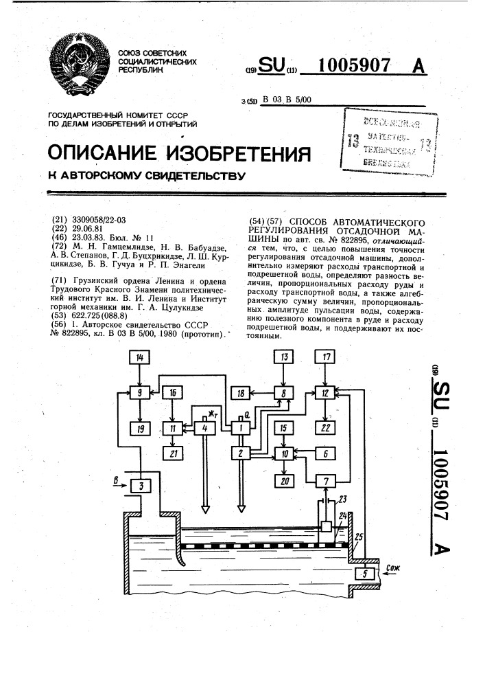 Способ автоматического регулирования отсадочной машины (патент 1005907)