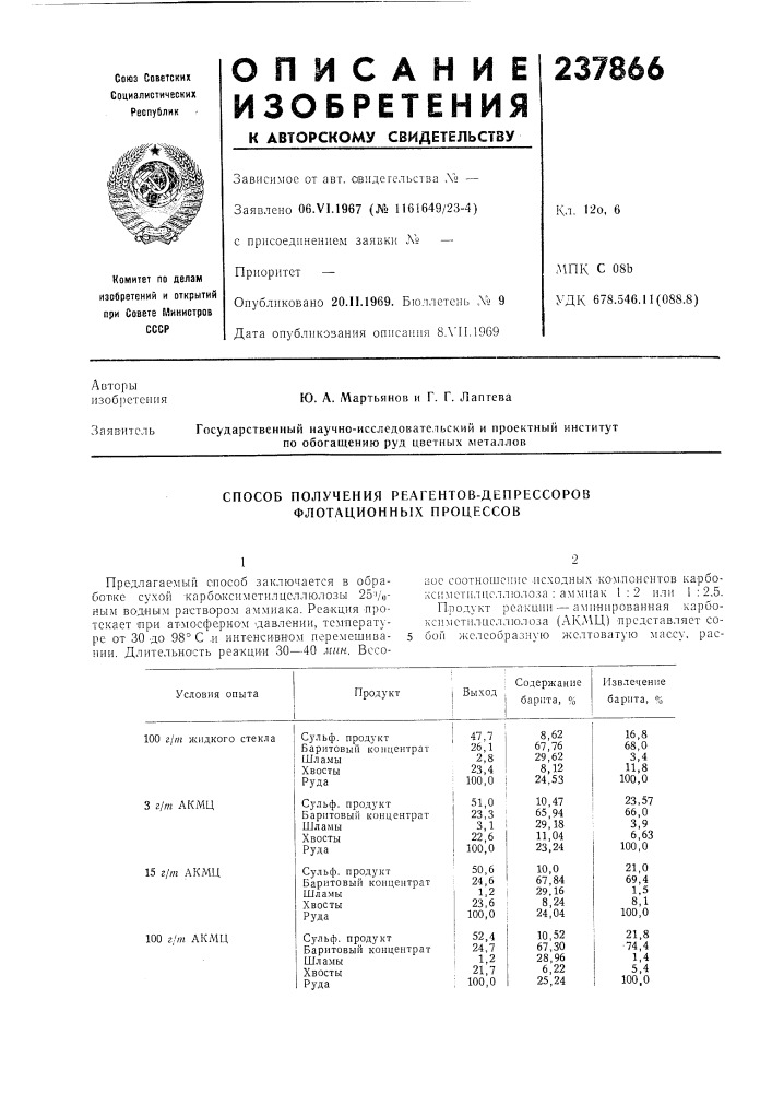 Способ получения реагентов-депрессоров флотационных процессов (патент 237866)