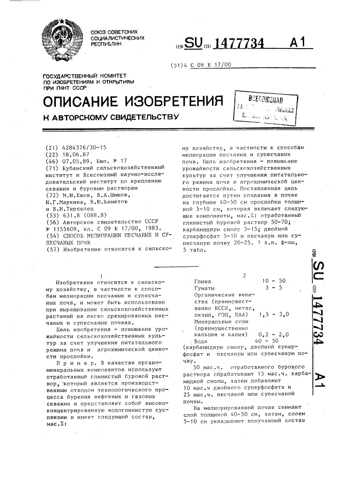 Способ мелиорации песчаных и супесчаных почв (патент 1477734)