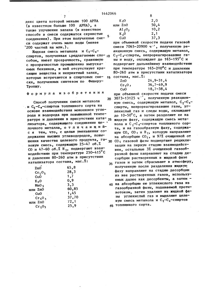 Способ получения смеси метанола и с @ -с @ -спиртов топливного сорта (патент 1442066)