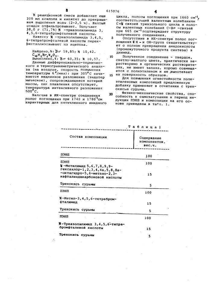 -триазолилимид 3,4,5,6-тетрабромфталевой кислоты в качестве антиоксидантной или антипиренной добавки к полиэтилену низкой плотности (патент 615076)