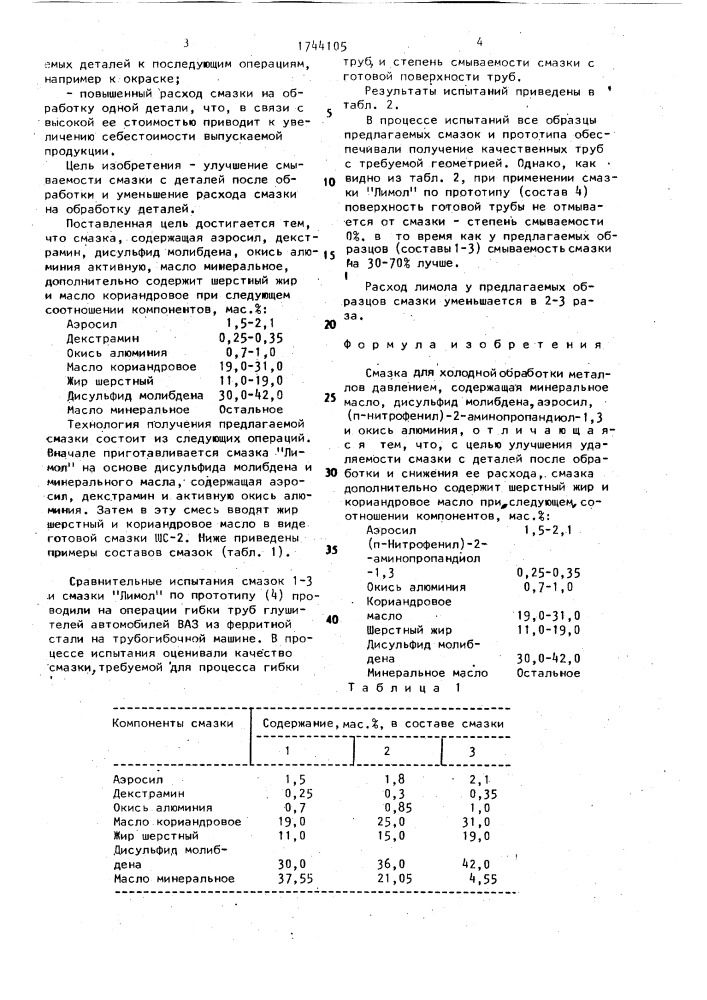 Смазка для холодной обработки металлов давлением (патент 1744105)