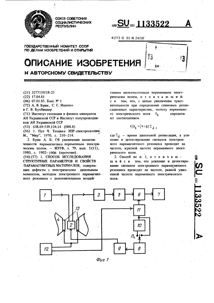 Способ исследования структурных параметров и свойств парамагнитных материалов (патент 1133522)