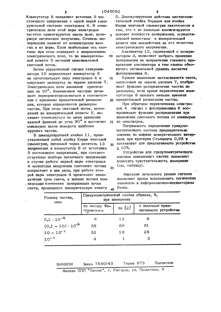 Устройство для гранулометрического анализа взвешенных частиц (патент 1045082)