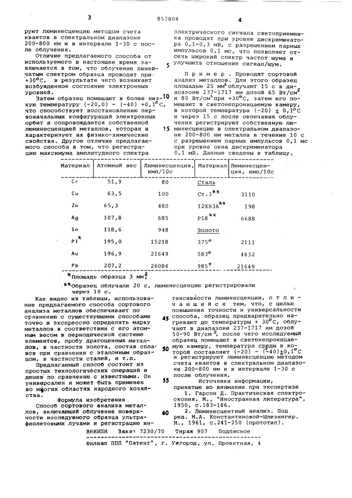 Способ сортового анализа металлов (патент 857804)