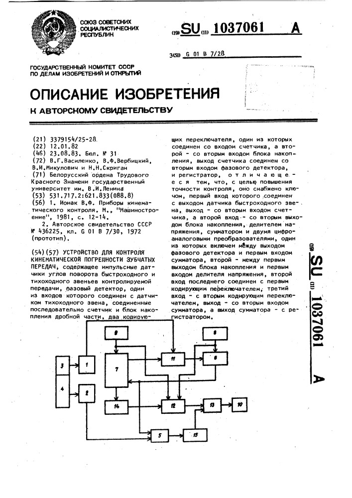 Устройство для контроля кинематической погрешности зубчатых передач (патент 1037061)