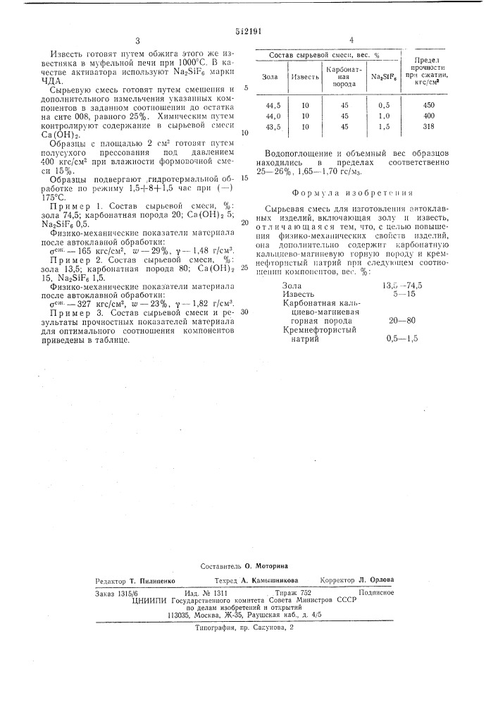 Сырьевая смесь для изготовления автоклавных изделий (патент 512191)