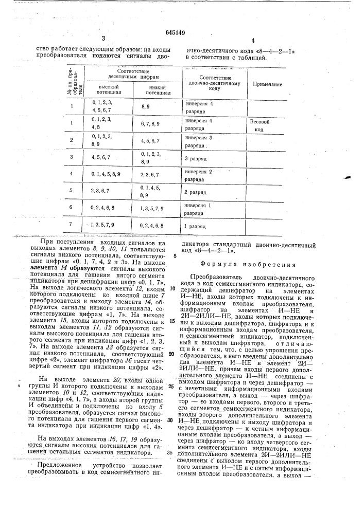 Преобразователь двоично-десятичного кода в код семисегментного индикатора (патент 645149)