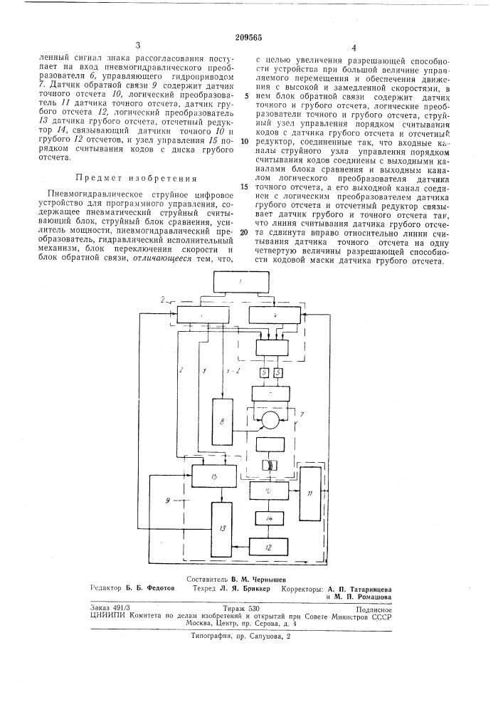 Пневмогидравлическое струйное цифровое устройство для программного управления (патент 209565)