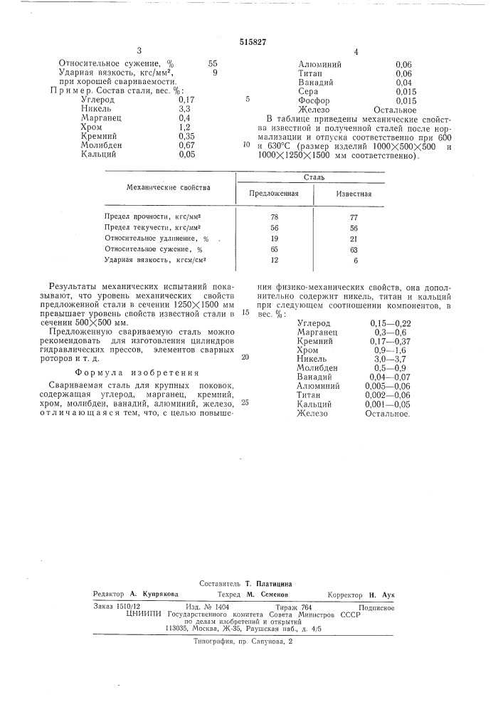 Свариваемая сталь для крупных поковок (патент 515827)