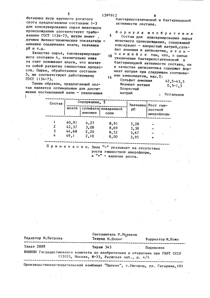 Состав для консервирования сырья животного происхождения (патент 1595912)