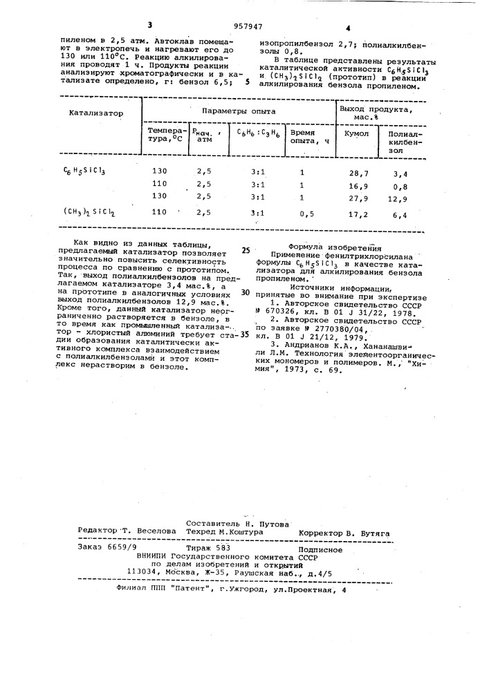 Катализатор для алкилирования бензола пропиленом (патент 957947)