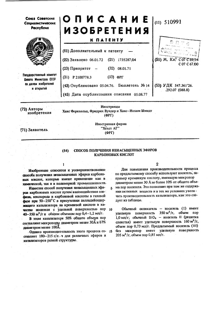 Способ получения ненасыщенных эфиров карбоновых кислот (патент 510991)