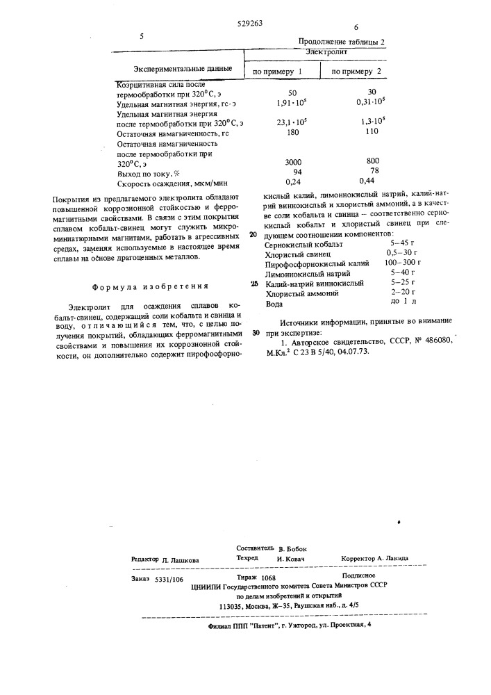 Электролит для осаждения сплавов кобальт-свинец (патент 529263)