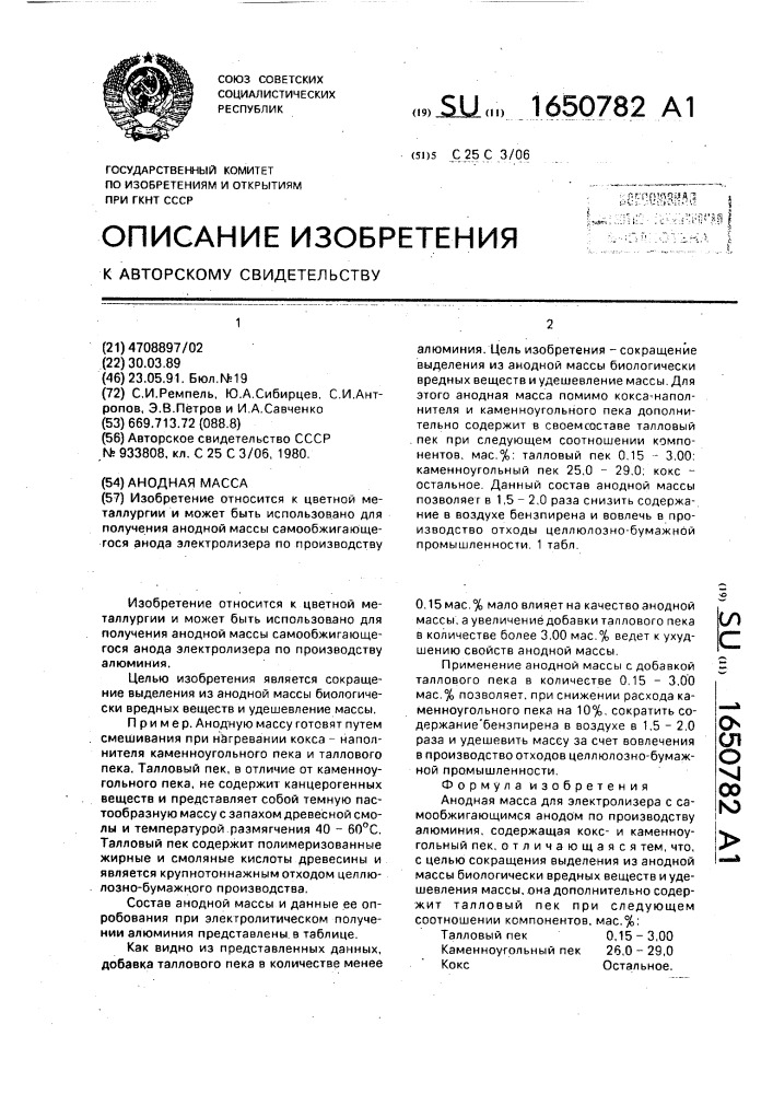 Анодная масса (патент 1650782)