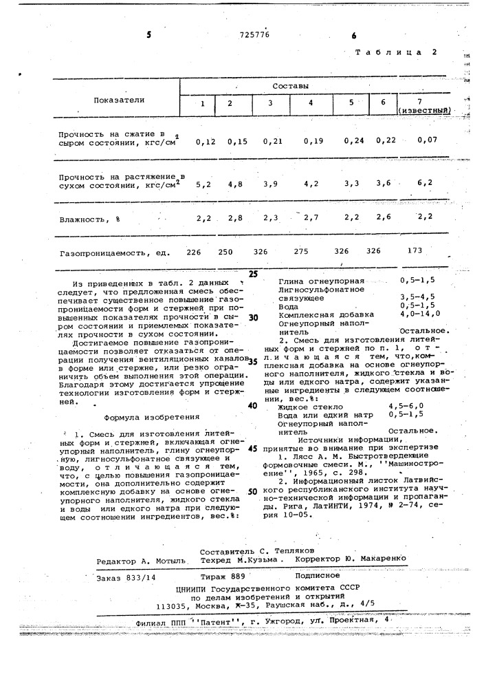 Смесь для изготовления литейных форм и стержней (патент 725776)