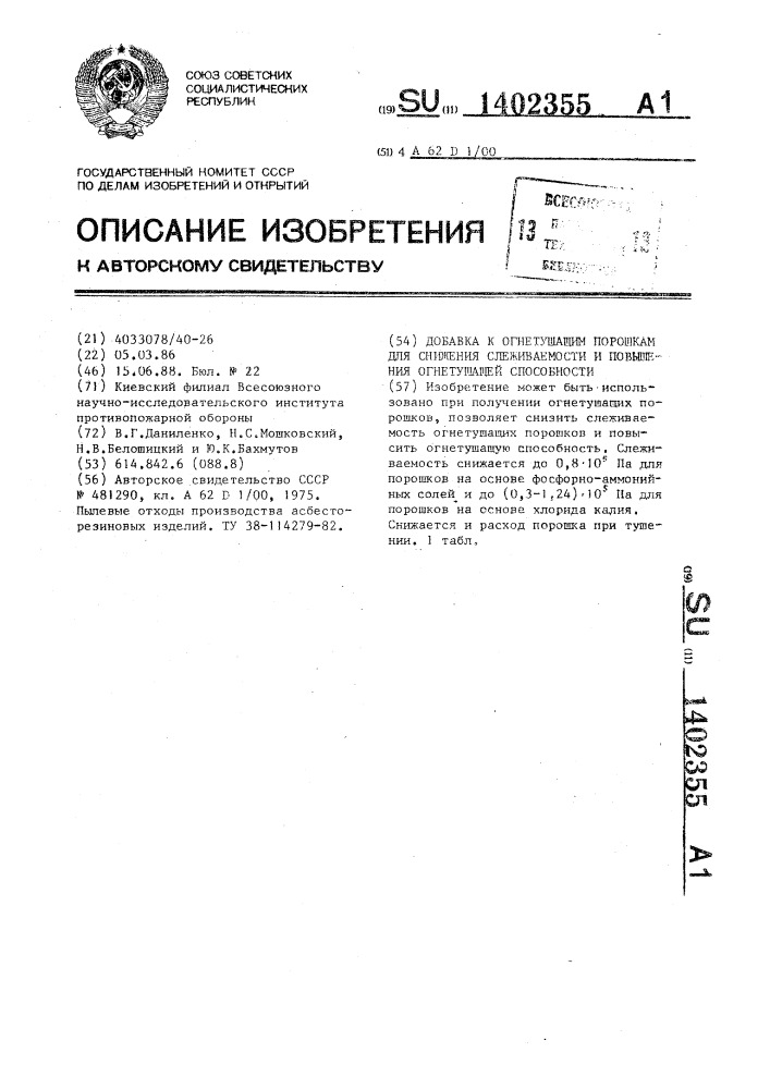 Добавка к огнетушащим порошкам для снижения слеживаемости и повышения огнетушащей способности (патент 1402355)