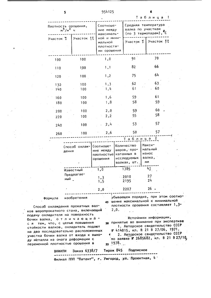 Способ охлаждения прокатных валков шаропрокатного стана (патент 954125)