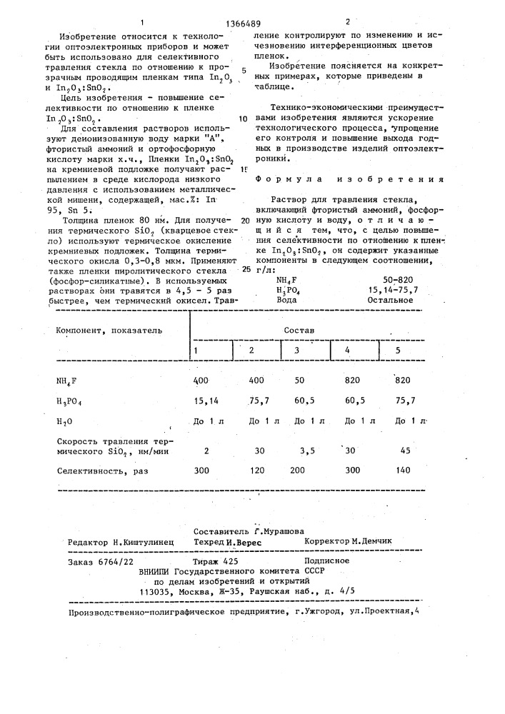 Раствор для травления стекла (патент 1366489)