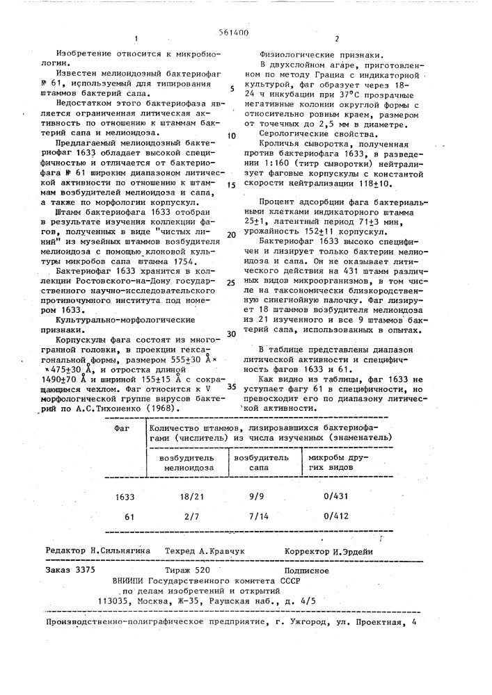 Мелиоидозный бактериофаг 1633 для идентификации возбудителей мелиоидоза и сапа (патент 561400)