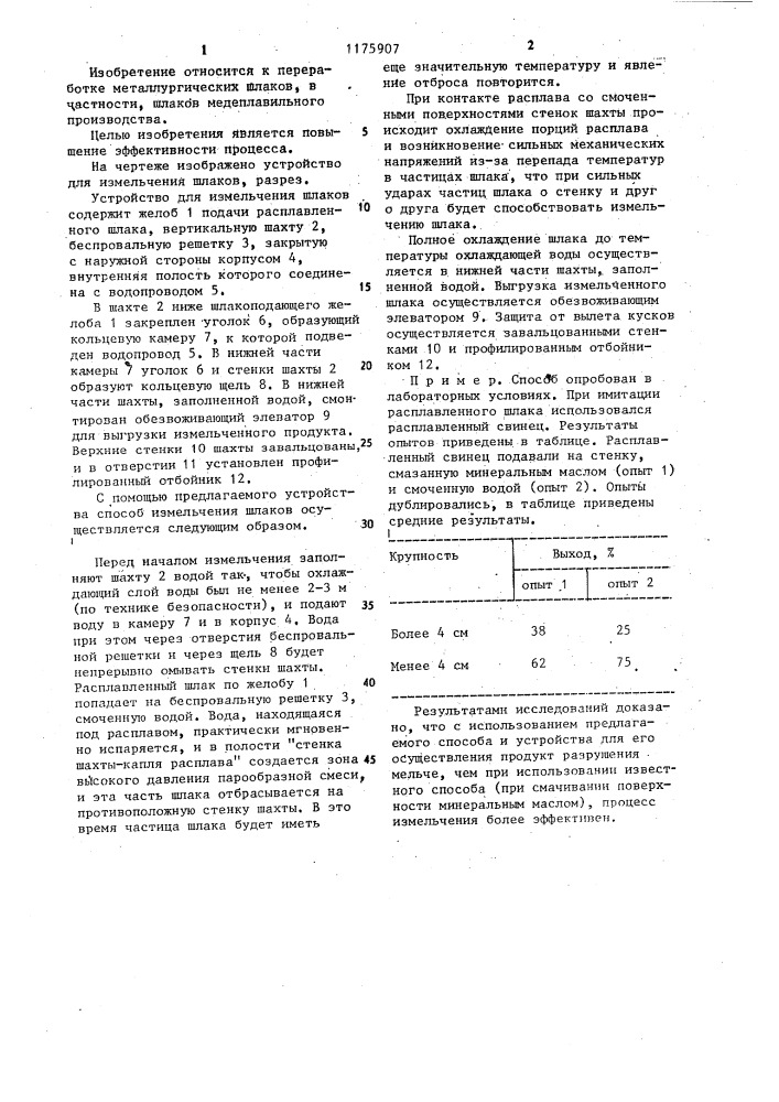 Способ измельчения шлака и устройство для его осуществления (патент 1175907)