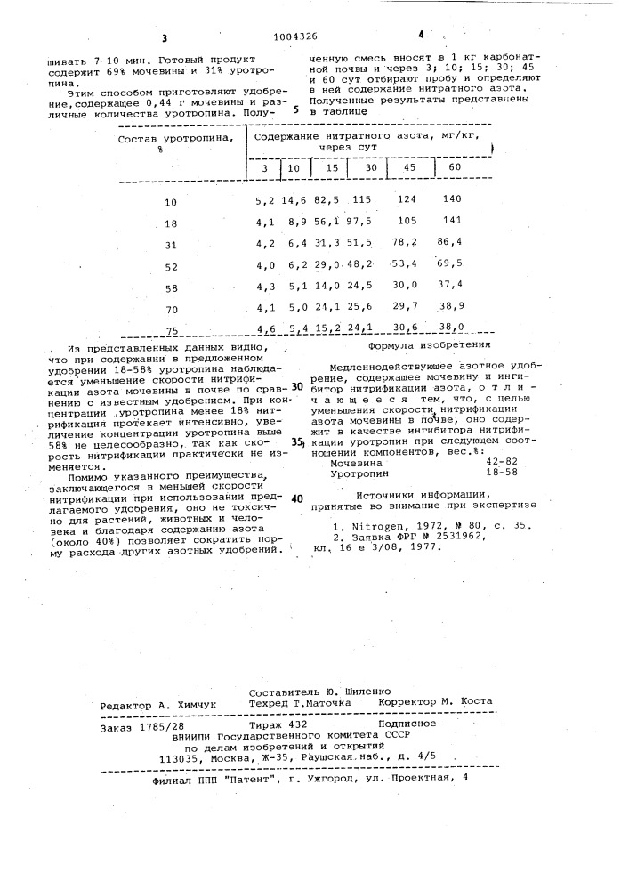 Медленнодействующее азотное удобрение (патент 1004326)