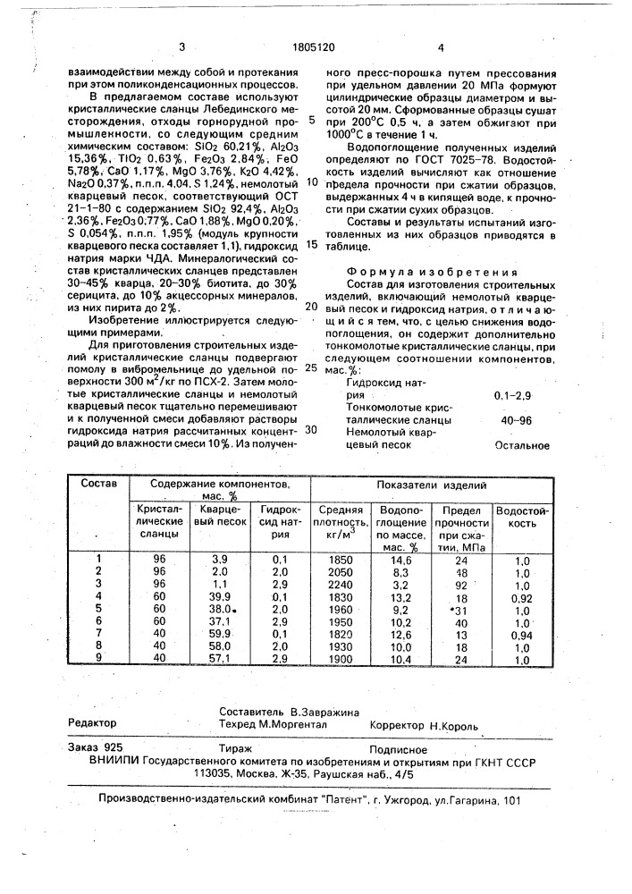 Состав для изготовления строительных изделий (патент 1805120)