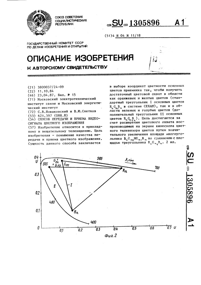 Способ передачи и приема видеосигнала цветного изображения (патент 1305896)