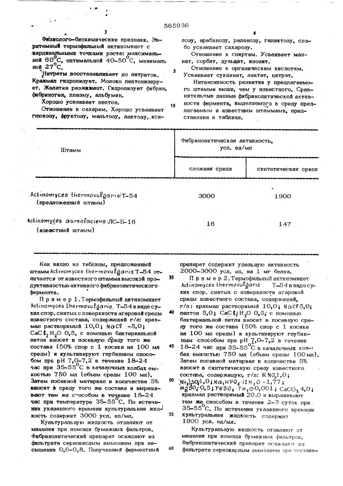 Штамм т-54-продуцент фибринолитического фермента (патент 565936)