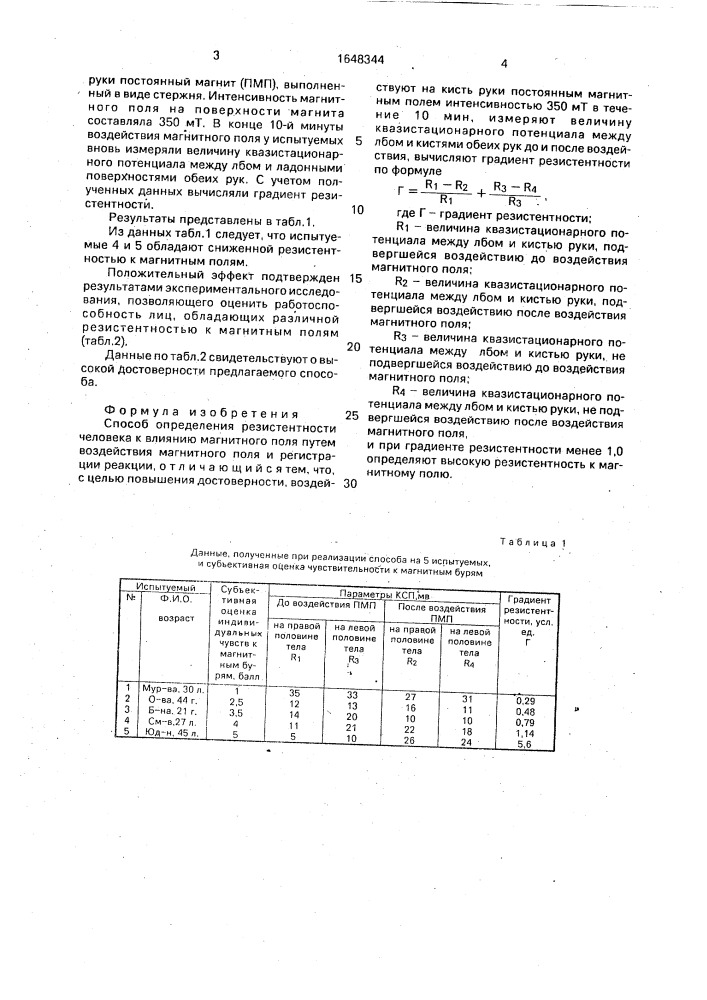Способ определения резистентности человека к влиянию магнитного поля (патент 1648344)