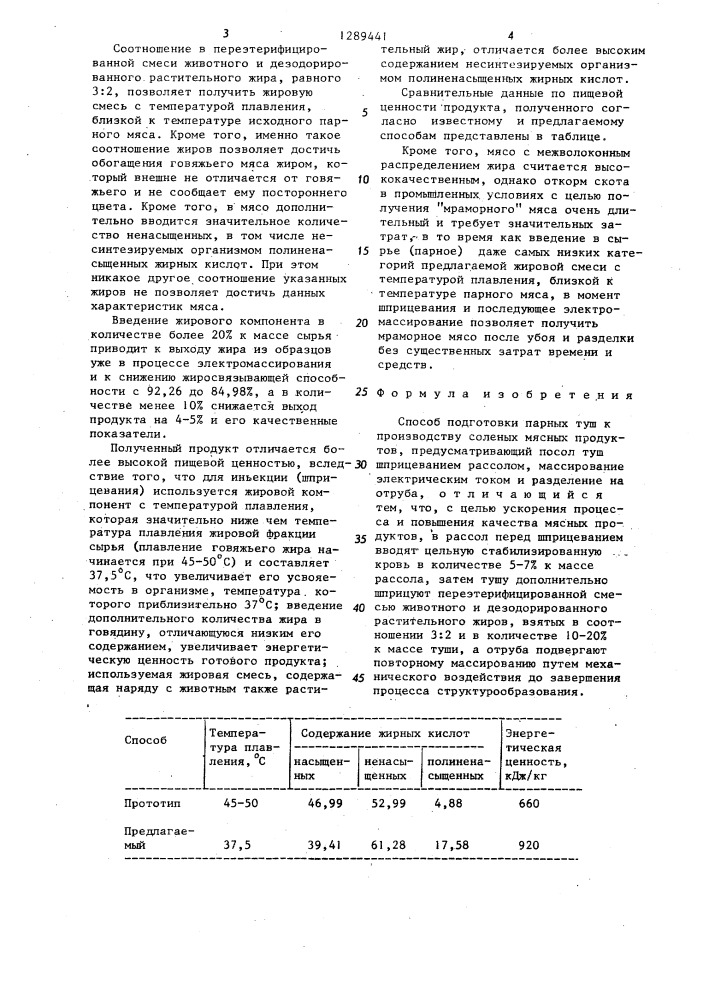 Способ подготовки парных туш к производству соленых мясных продуктов (патент 1289441)