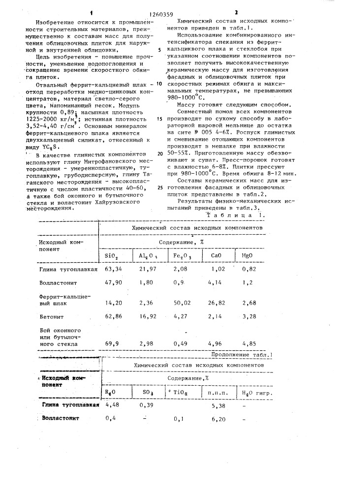 Керамическая масса для изготовления облицовочных плиток (патент 1260359)