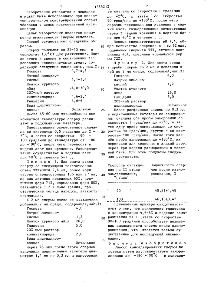 Способ консервирования спермы человека (патент 1355212)