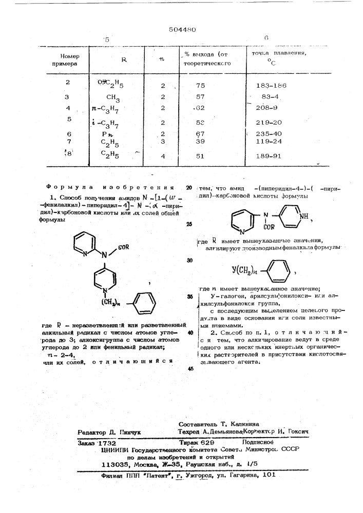 Способ получения амидов (1( -фенилалкил)-пиперидил-4-)- ( - пиридил)-карбоновой кислоты или их солей (патент 504480)