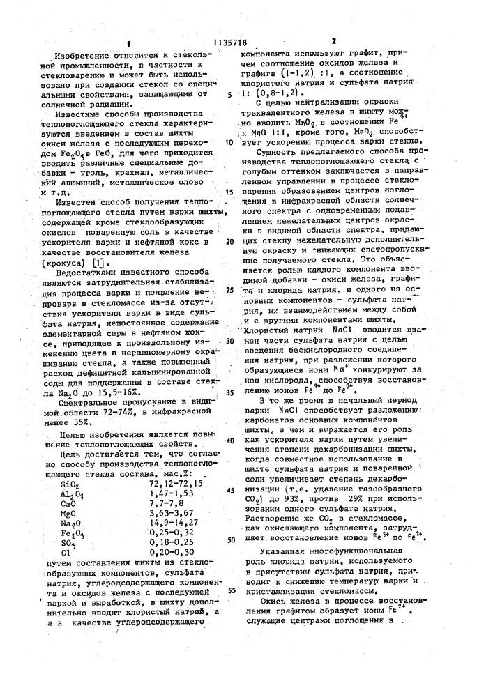 Способ производства теплопоглощающего стекла (патент 1135716)