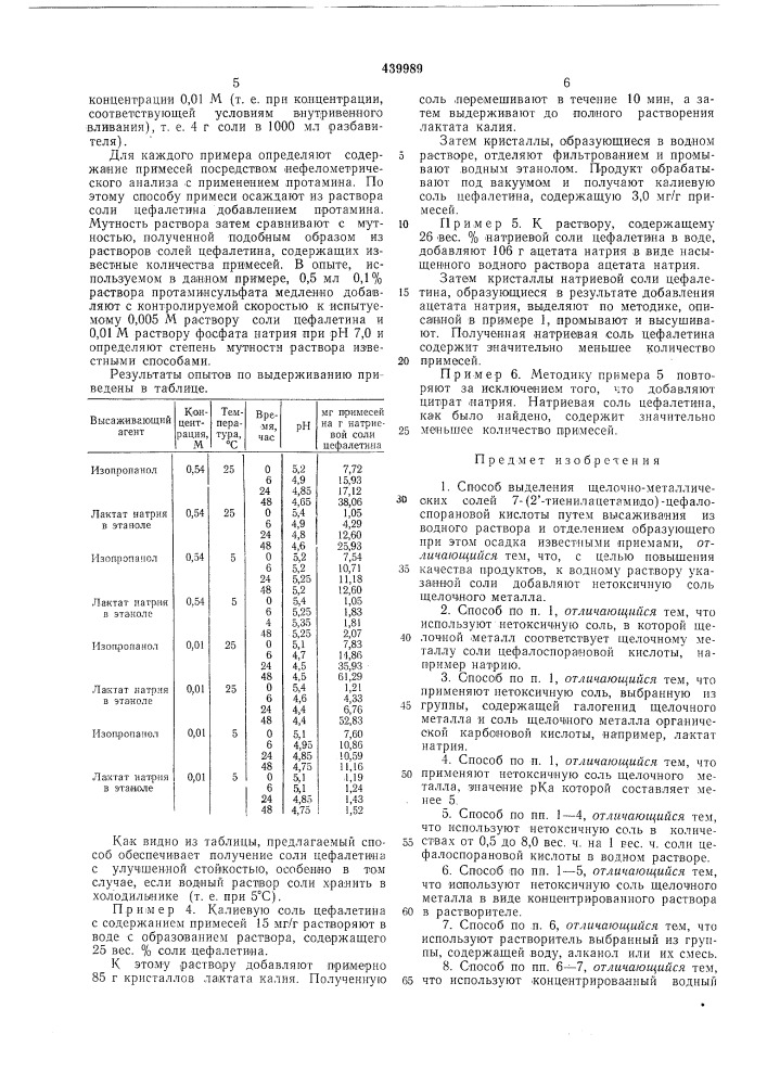 Способ выделения щелочно-металлических солей 7-/2"- тиенилацетамидо/-цефалоспорановой кислоты (патент 439989)