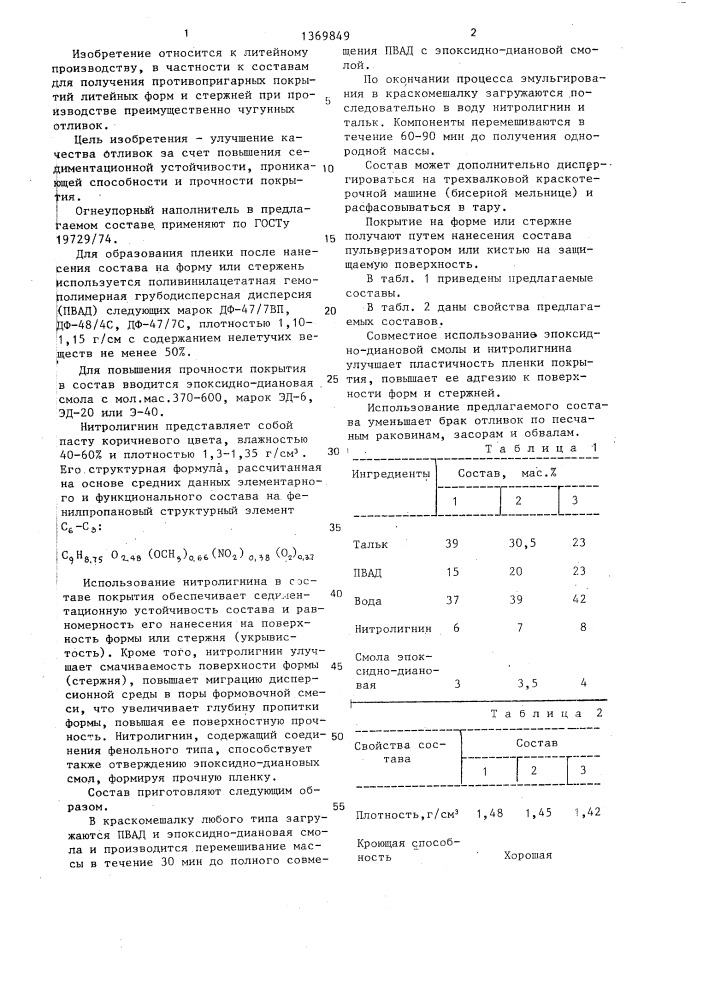 Состав для получения противопригарного покрытия (патент 1369849)