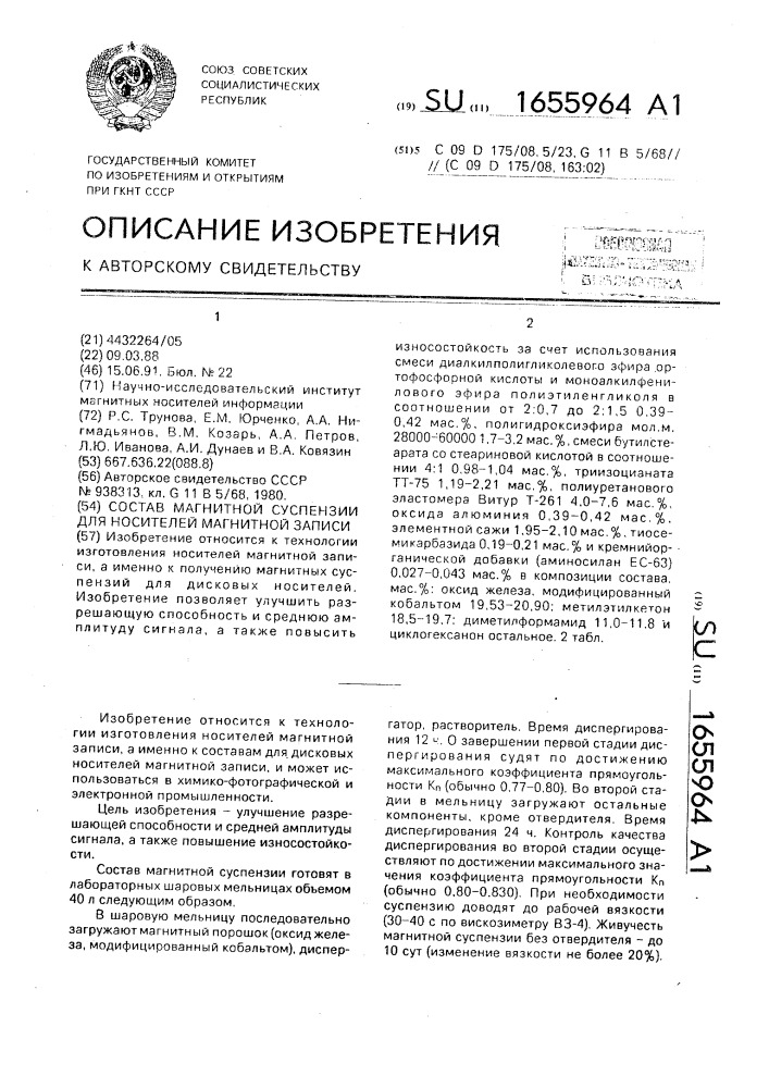 Состав магнитной суспензии для носителей магнитной записи (патент 1655964)