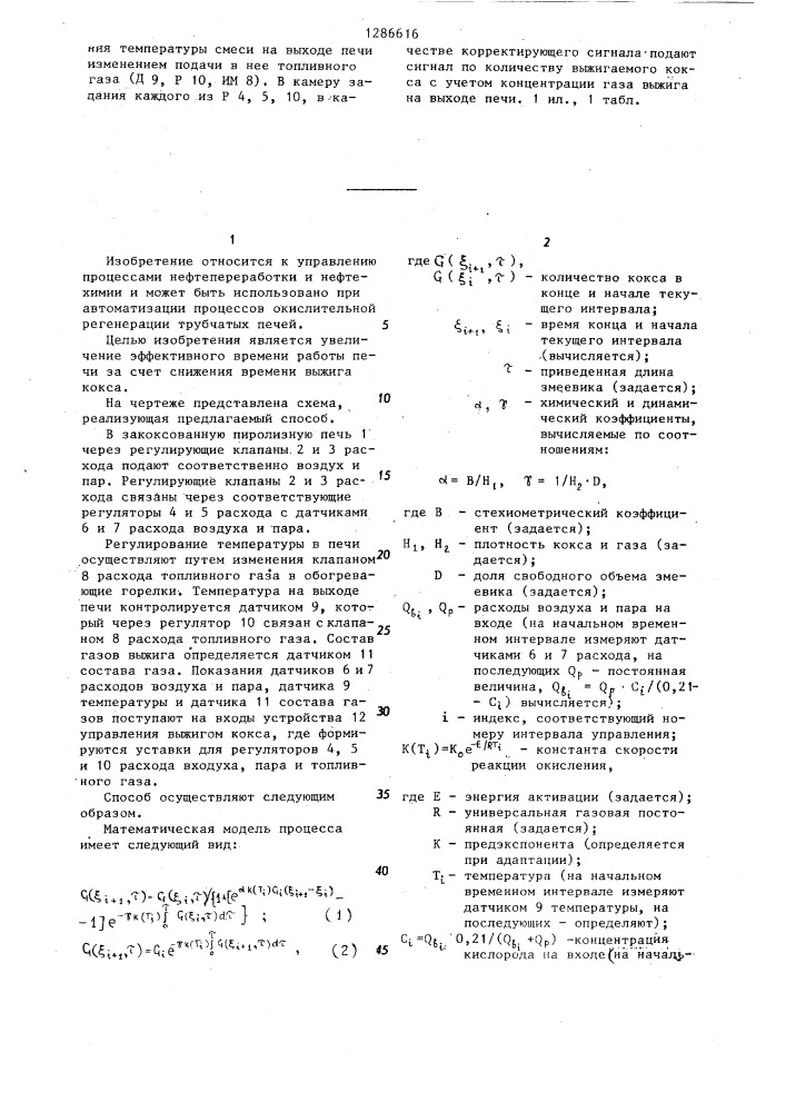 Способ автоматического управления процессом выжига кокса в трубчатой пиролизной печи (патент 1286616)