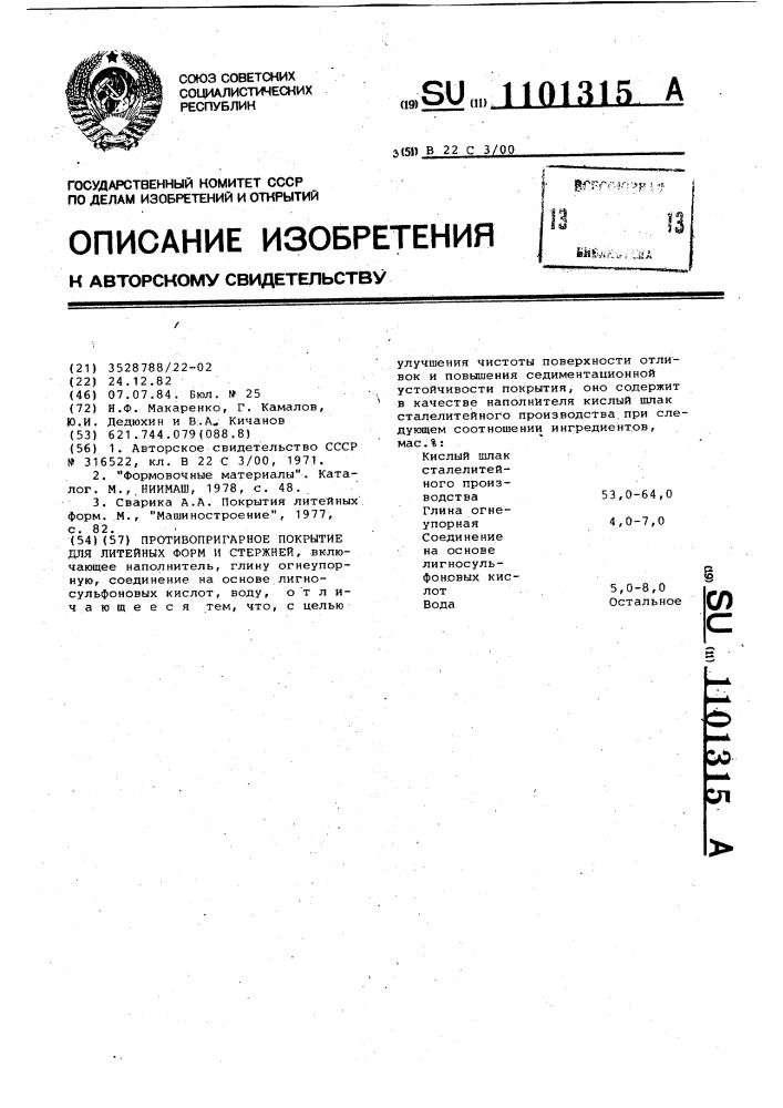 Противопригарное покрытие для литейных форм и стержней (патент 1101315)