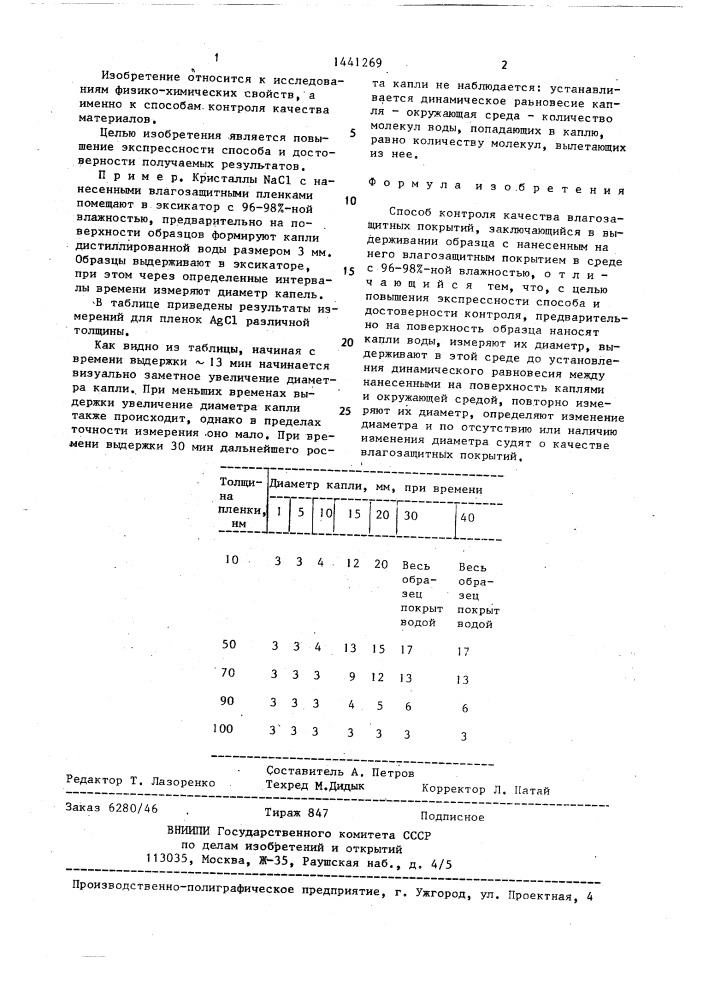 Способ контроля качества влагозащитных покрытий (патент 1441269)