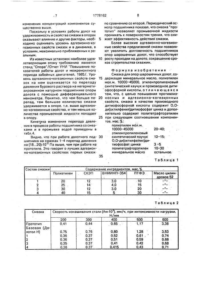 Смазка для опор шарошечных долот (патент 1778162)