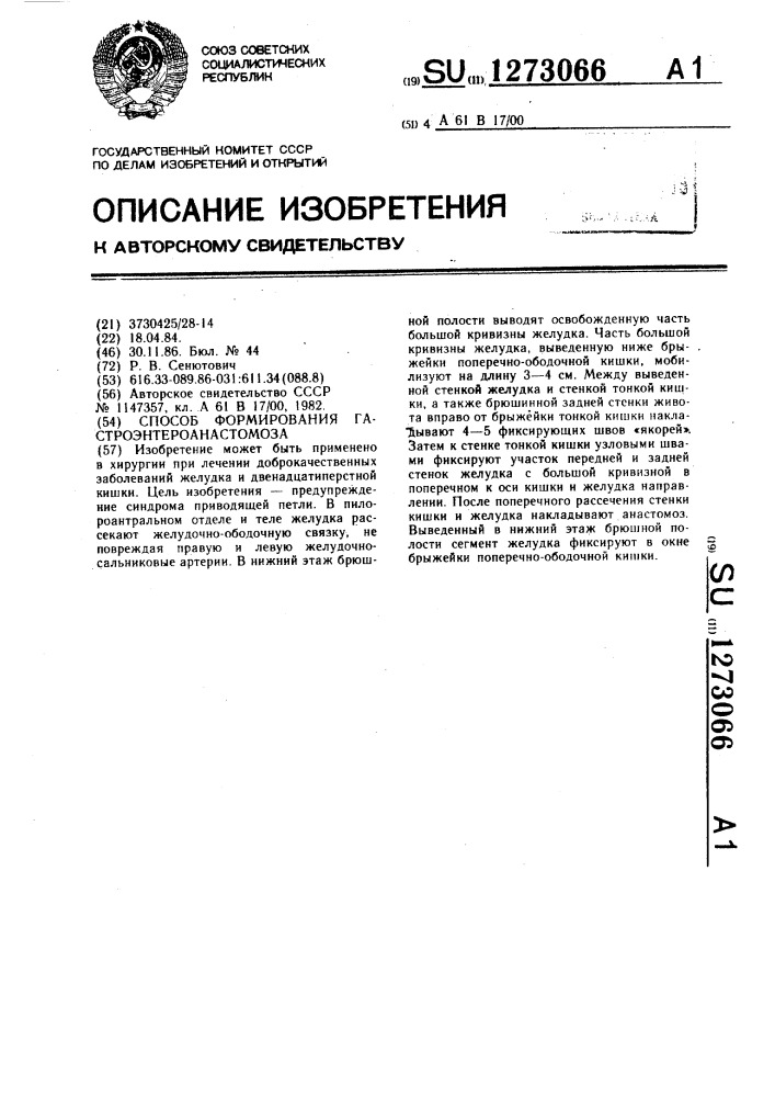 Способ формирования гастроэнтероанастомоза (патент 1273066)