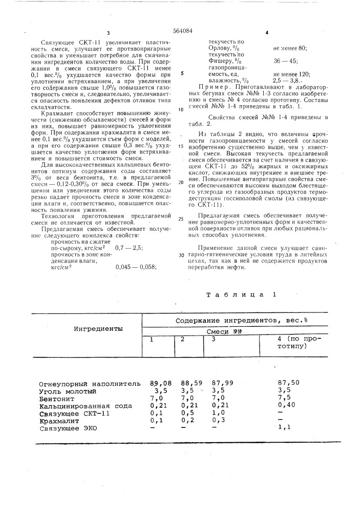 Смесь для изготовления литейных форм (патент 564084)