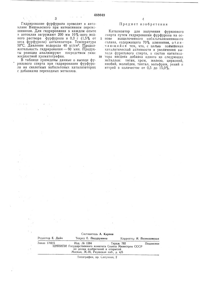 Катализатор для получения фурилового спирта (патент 468649)