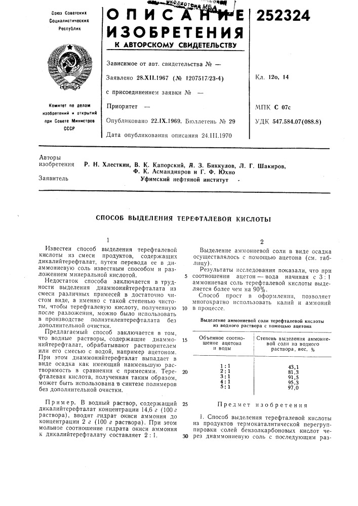 Способ выделения терефталевой кислоты (патент 252324)